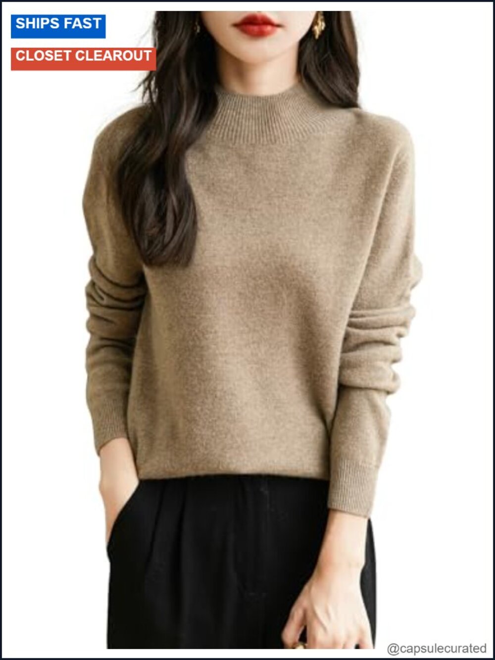 100% Merino Wool Seamless Mock Neck Long Sleeve Sweater Pullover
